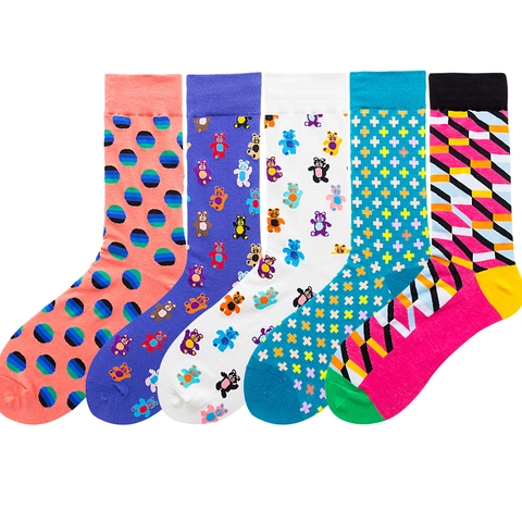 Baumwolle Crew Socken Bunte Gemusterte Cartoon Bär Geometrische Polka Dot Britischen Stil Streetwear Lässig Geschenk
