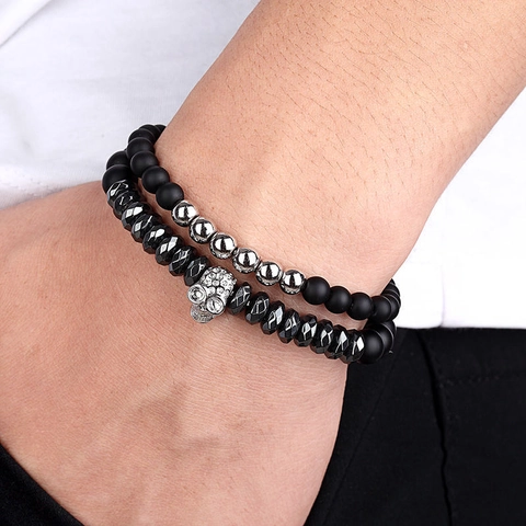 Bracelets En Pierre Naturelle Mate Tête De Mort Alliage Strass Style Gothique Punk Élastique Bijoux Pour Hommes Femmes