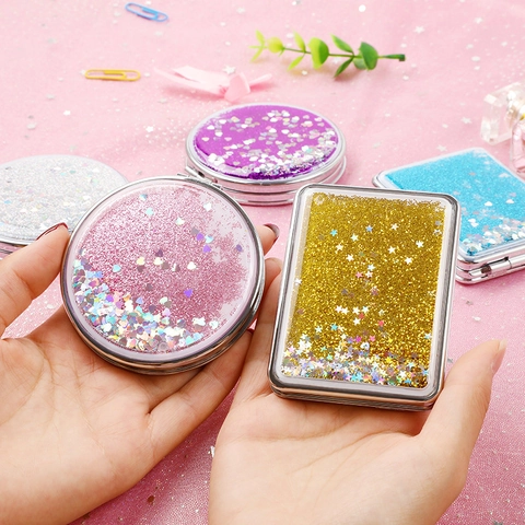 Portable Compact Makeup Mirror Quickstand Liquid Glitter Double Sided Folding Travel Vanity Mirror Girly Gift ABS Frame