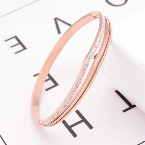 Roségoud Dubbellaagse Titanium Staal Bangle Armband Met Glinsterende Steentjes Minimalistische Mode Sieraden Voor Dames