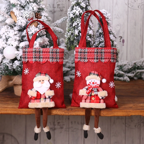 Christmas Gift Bags Burlap Plaid 3D Doll Handheld Candy Bags Santa Snowman Reindeer Bear Festive Holiday Decor