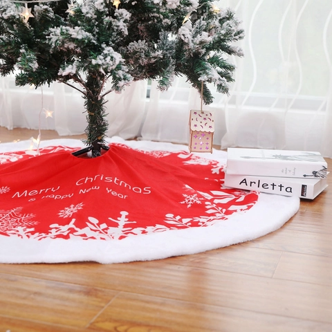 Gonna Per Albero Di Natale Rossa Stampa Fiocchi Di Neve Bordo In Peluche Di Pelliccia Sintetica Bianca Tappeto Decorativo