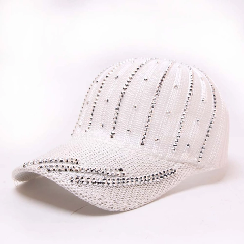 Women's Rhinestone Knit Baseball Cap Breathable Hollow Cotton Sun Hat Knitted Snapback Peaked Cap Summer Outdoor Jewelry Hat