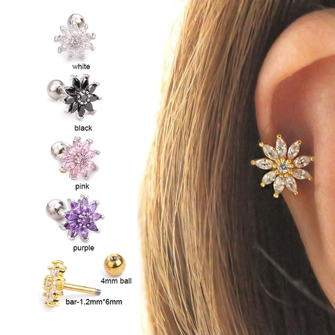 Sun Flower Stud Earrings With Zircon Stainless Steel Earring Post Micro Paved Copper Piercing Jewelry For Women