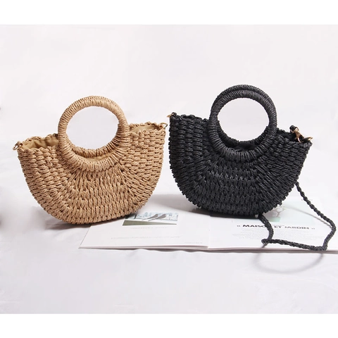 Bolso Bandolera De Paja Tejida Mujeres Bolso De Mano Media Luna Asa Redonda Verano Playa Vacaciones Estilo Bohemio
