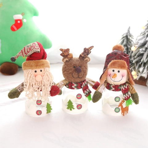 Christmas Candy Jar Plush Lid Transparent Storage Bottle Santa Snowman Reindeer Holiday Party Desktop Decor Ornament