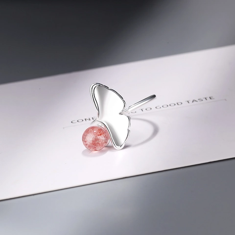 Vintage Eleganter Ginkgo Blatt Offener Ring Für Damen Rosa Stein Eingelegt Versilbert Kupfer Verstellbarer Fingerring Schmuck