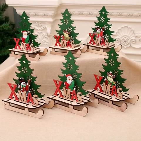 Christmas Sleigh Ornaments Wooden DIY Assembly Tabletop Decoration Santa Snowman Reindeer Festive Xmas Desktop Scene Decor
