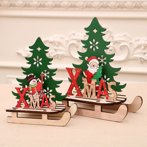 Christmas Sleigh Ornaments Wooden DIY Assembly Tabletop Decoration Santa Snowman Reindeer Festive Xmas Desktop Scene Decor