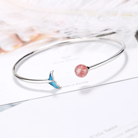 Bracciale Aperto Coda Di Pesce Rame Placcato Oro Bianco Smalto Blu Cristallo Fragola Rosa Gioielli Donna