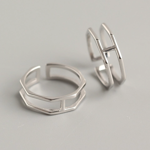 Minimalist 925 Sterling Silver Ring Adjustable Double Layer Geometric Hexagon Opening Jewelry For Women