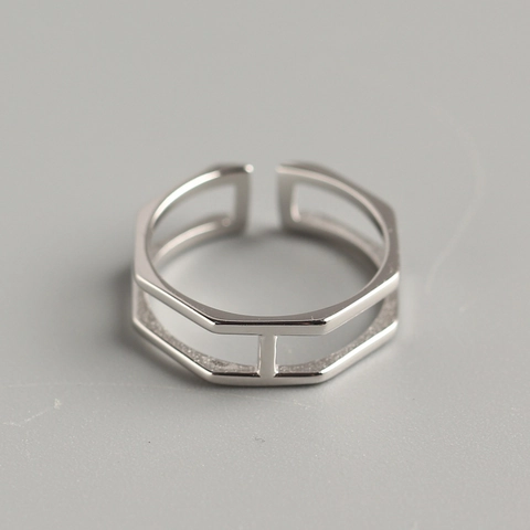 Minimalist 925 Sterling Silver Ring Adjustable Double Layer Geometric Hexagon Opening Jewelry For Women