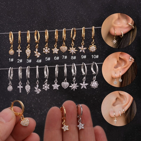 Orecchini A Cerchio Pendenti Rame Con Zirconia Cuore Stella Croce Pendente Gioielli Piercing Cartilagine Minimalista Donna