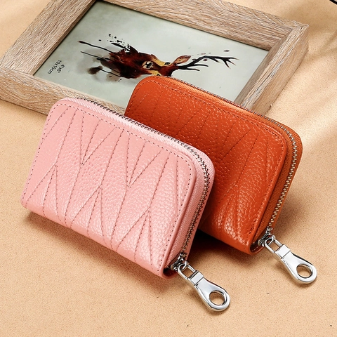 Porta Carte In Vera Pelle Blocco RFID Donna Cerniera Fisarmonica Custodia Per Carte Portafoglio Trapuntato