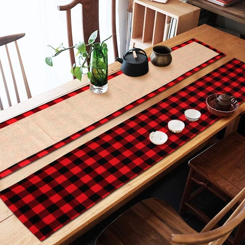 Christmas Table Runner Burlap Buffalo Plaid Reversible Double Sided Farmhouse Holiday Dining Room Decor Textile Plaid