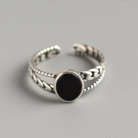 Retro 925 Sterling Silber Offener Ring Mit Ovalem Schwarzen Achat Doppelschicht Geﬂochtenem Seil Ketten Design