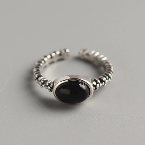 Anillo In Argento 925 Agata Nera Vintage Gemma Ovale Regolabile Aperto Testurizzato Gioielli Per Donne