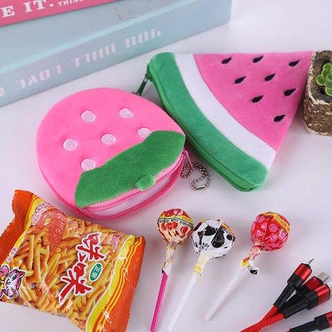 Cute Fruit Shaped Plush Coin Purse Mini Wallet With Zipper And Bead Chain Soft Cartoon Strawberry Watermelon Keychain Pendant