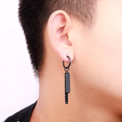 Edelstahl Hängeohrringe Mit Kette Und Rechteckigem Anhänger Hoop Clip On Streetwear Punk Stil Unisex