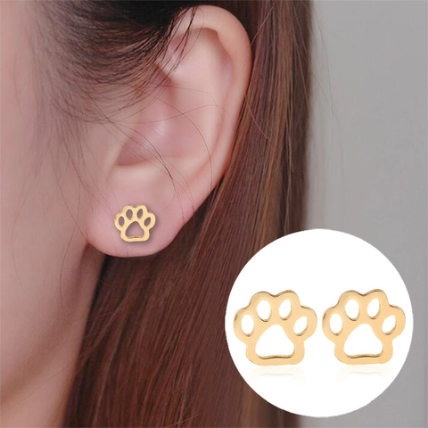Animal Paw Print Stud Earrings Stainless Steel Hollow Cat Dog Footprint Minimalist Jewelry For Women