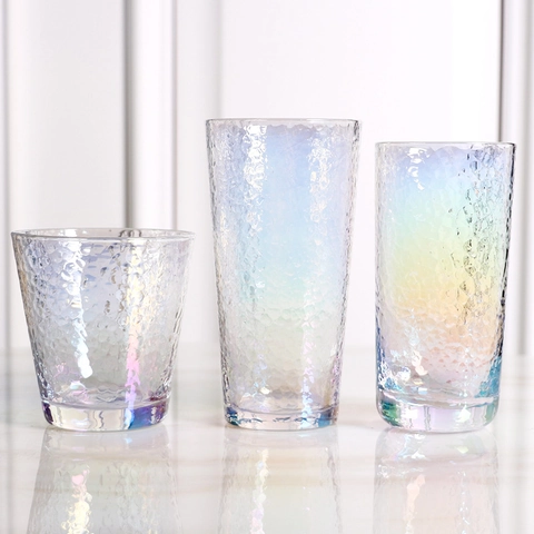 Hammered Iridescent Glass Cup Rainbow Crystal Tumbler Japanese Style Heat Resistant Drinkware For Juice Water