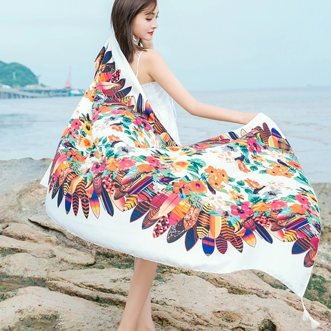 Ethnic Style Printed Scarf Women Long Shawl Soft Satin Sun Protection Scarf For Travel Beach Vacation Daily Wear