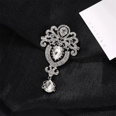 Vintage Baroque Rhinestone Brooch Alloy Crystal Water Drop Crown Corsage Pin For Wedding Banquet Party Women Jewelry