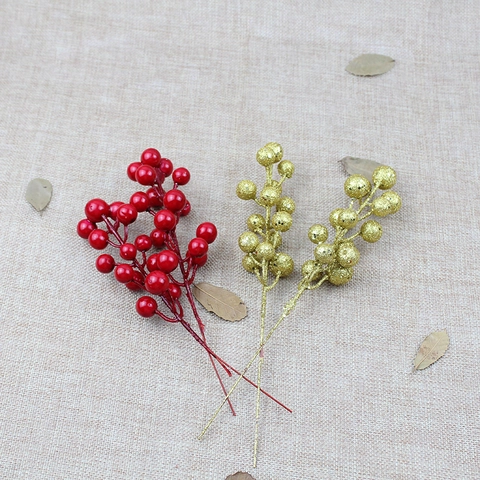 Artificial Red Gold Holly Berries Stems Christmas Foam Fruit Branch For DIY Wreath Garland Party Decoration Accessories