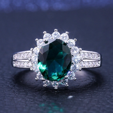 Women Engagement Ring Copper Green Oval Zircon Flower Halo Anniversary Gift Fashion Jewelry