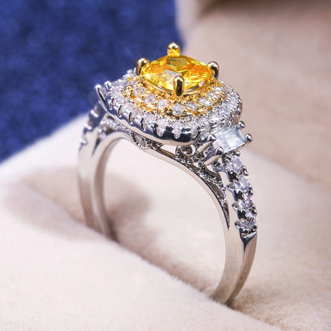 Luxury Cushion Cut Yellow Cubic Zirconia Ring Copper Double Halo Baguette Side Stones Wedding Jewelry For Women