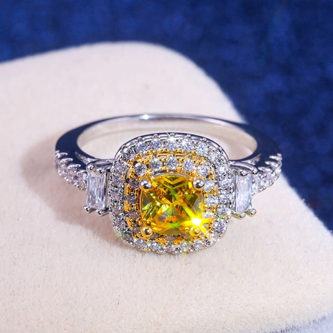 Luxury Cushion Cut Yellow Cubic Zirconia Ring Copper Double Halo Baguette Side Stones Wedding Jewelry For Women