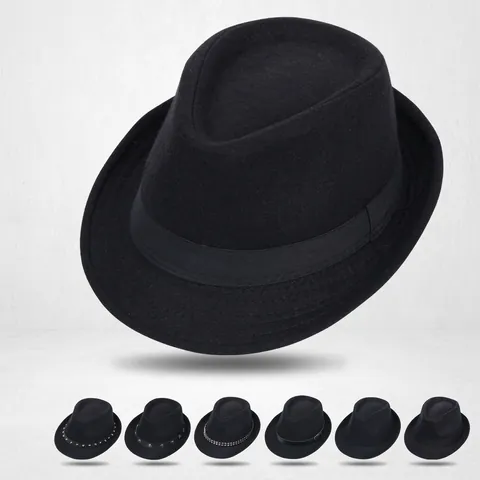 Vintage Unisex Wollen Fedora Hoed Met Decoratief Lint Leren Riem Metalen Noppen Brede Rand Jazz Panama Pet Voor Dames Heren