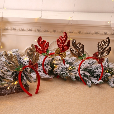 Cerchietto Corna Di Renna Natale Luccicante Paillettes Con Fiocco Campanellino Metallo Foglia Verde Festa Cosplay Carino