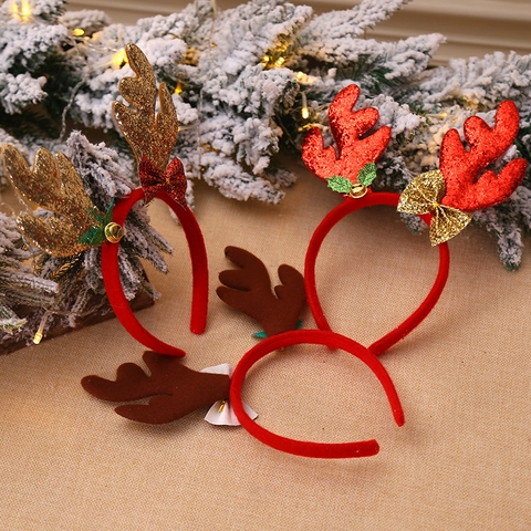 Cerchietto Corna Di Renna Natale Luccicante Paillettes Con Fiocco Campanellino Metallo Foglia Verde Festa Cosplay Carino
