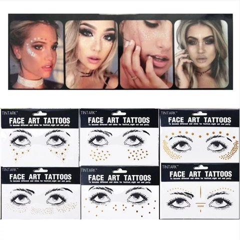 Face Art Tattoos Metallic Goud Zilver Strass Effect Waterdichte Tijdelijke Stickers Voor Festival Feest Maskerade Vrouwen