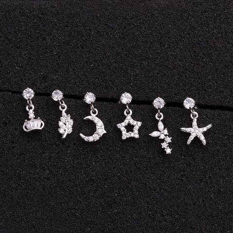 Cartilage Piercing Earring Stud Copper Zirconia Star Moon Crown Leaf Butterfly Sea Star Stainless Steel Screw Ball Back