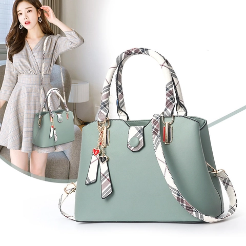 Women PU Leather Handbag With Checkered Scarf Handle And Heart Pendant Versatile Shoulder Crossbody Bag For Daily Commute