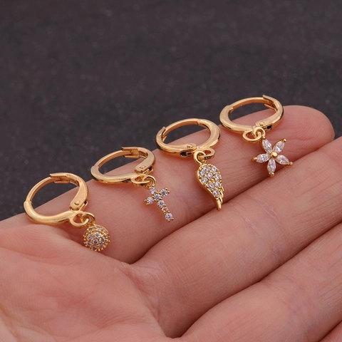 Orecchini A Cerchio Pendenti Rame Con Zirconia Cuore Stella Croce Pendente Gioielli Piercing Cartilagine Minimalista Donna