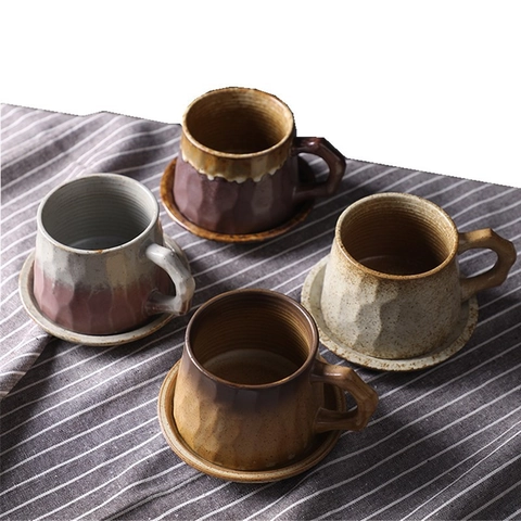 Japanese Retro Ceramic Coffee Cup And Saucer Handmade Textured Wabi Sabi Style Afternoon Tea Mug Vintage Refined Elegant