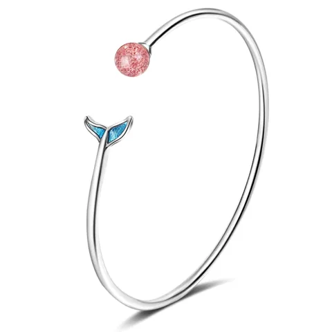 Bracciale Aperto Coda Di Pesce Rame Placcato Oro Bianco Smalto Blu Cristallo Fragola Rosa Gioielli Donna
