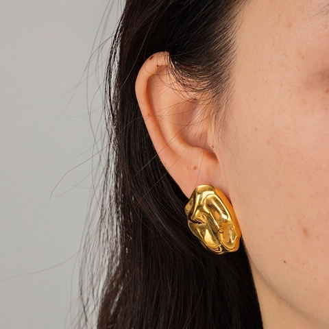 INS Style Irregular Hammered Stainless Steel Stud Earrings For Women 18K Gold Plated Lava Texture Modern Fashion Jewelry