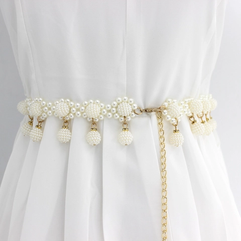 Women Waist Chain Belt Metal Alloy Faux Artificial Pearl Decorative Adjustable Hook Clasp Fashion Accessories For Dresses