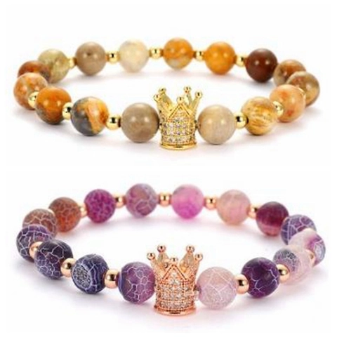 Bracciale Perline Corona in Rame con Zirconia Micro Pave Pietra Naturale Regolabile Elastico Donna Uomo Gioielli Vintage