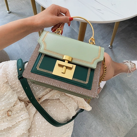 Women Color Block Shoulder Bag PU Leather Woven Patchwork Chain Crossbody Handbag With Metal Ring Handle Square Bag