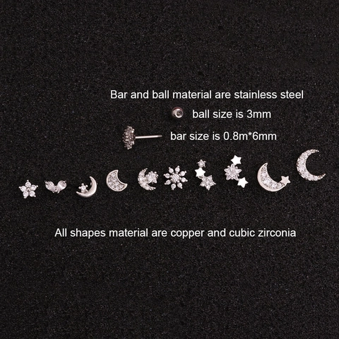 Piercing Earring Ear Cartilage Stud Copper Cubic Zirconia Stainless Steel Flower Star Moon Heart Shape Screw Back Jewelry