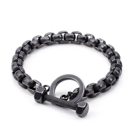 Bracciale Uomo Acciaio Inossidabile 316L Manubrio Chiusura T Nero Opaco Stile Industriale Punk Fitness Gioielli