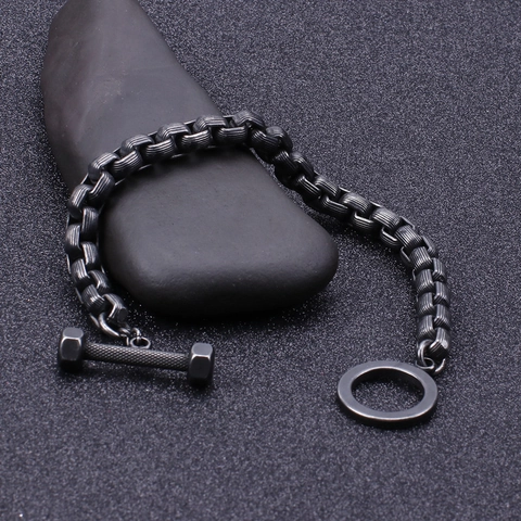 Bracciale Uomo Acciaio Inossidabile 316L Manubrio Chiusura T Nero Opaco Stile Industriale Punk Fitness Gioielli