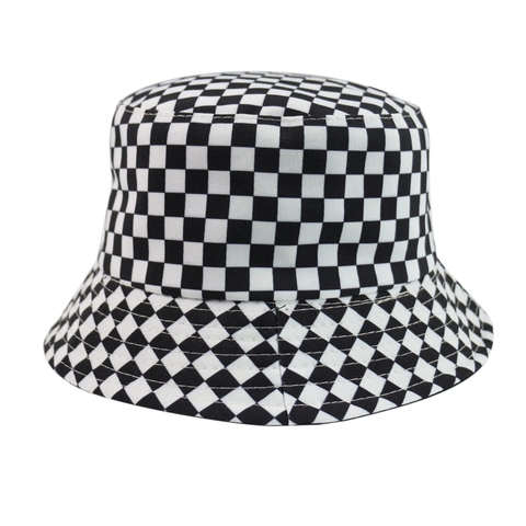 Bucket Hat Reversible Pure Cotton Checkerboard Grid Pattern Double Sided Sun Protection Casual Streetwear Unisex Accessory