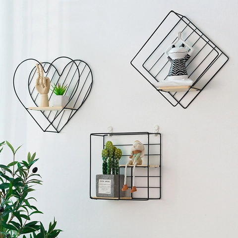 Floating Wall Mounted Shelves Iron And Wood Geometric Storage Rack Home Decor Nordic Style For Living Room Bedroom