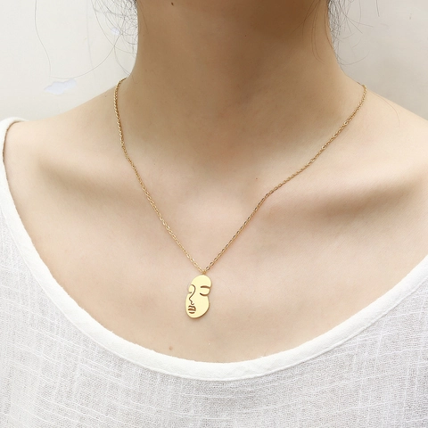 Collar Con Colgante De Cara Abstracta De Acero Inoxidable Chapado En Oro De 18 Quilates Minimalista Line Art Cadena De Clavícula Artística Para Mujeres